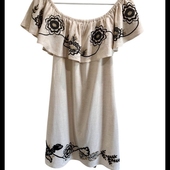 Boston Proper Flax/Oatmeal Linen Off-Shoulder Embroidered Dress - Large - Picture 3 of 10